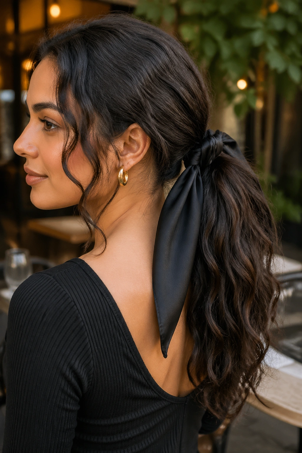Real woman with scarf-tied ponytail at an outdoor cafe.