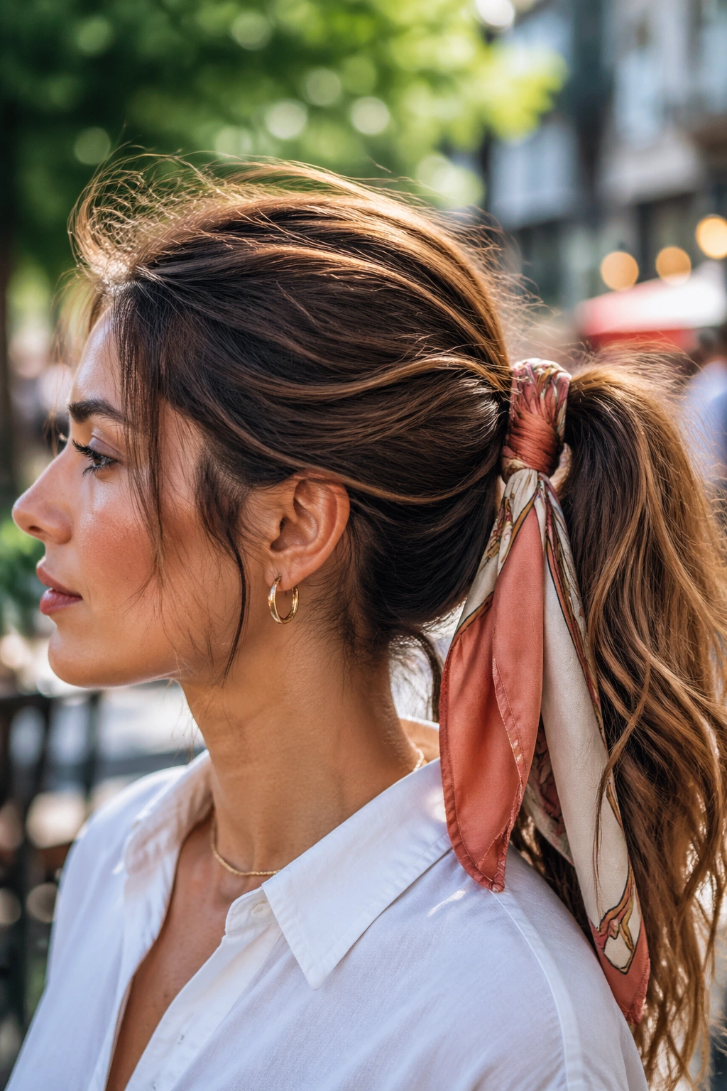 Close-up portrait of a real woman with a scarf tied around a ponytail base.