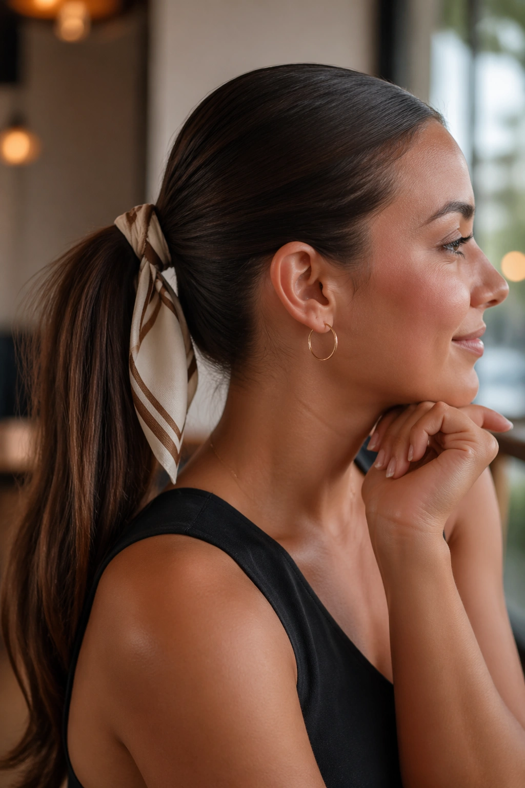 Close-up of a real woman with a brown sleek ponytail tied with a narrow scarf at the base.