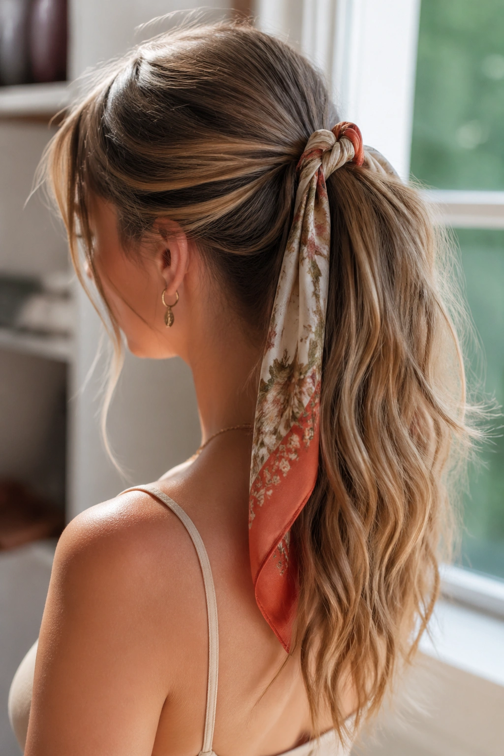 Real woman with scarf-tied half up ponytail