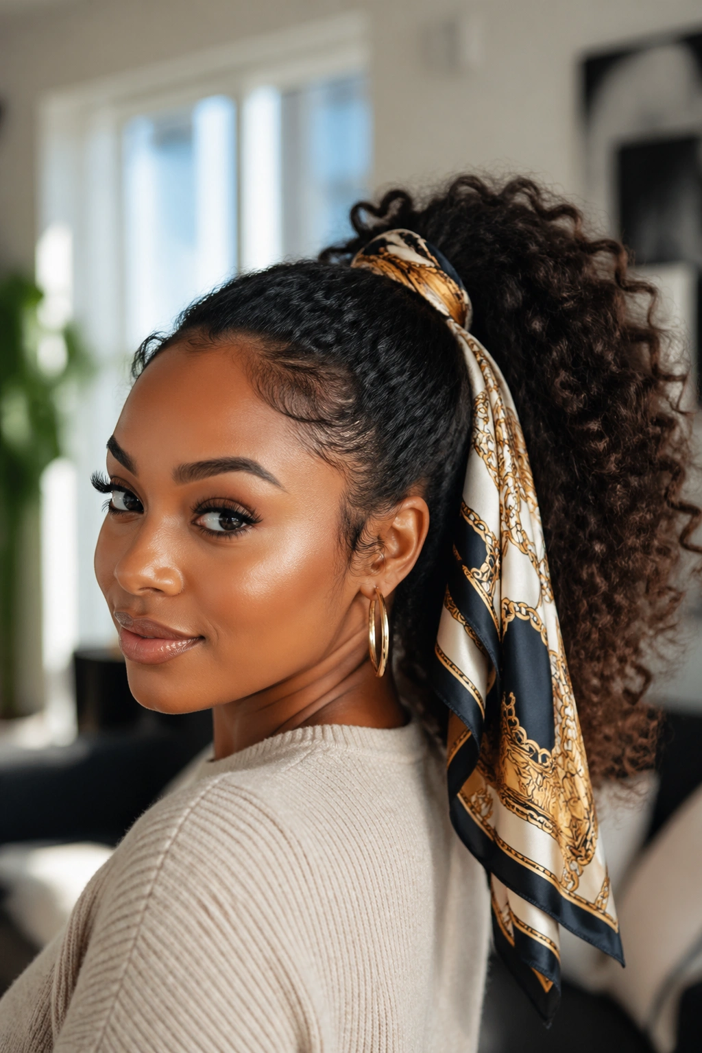 Close-up of a real Black woman with a scarf-tied ponytail