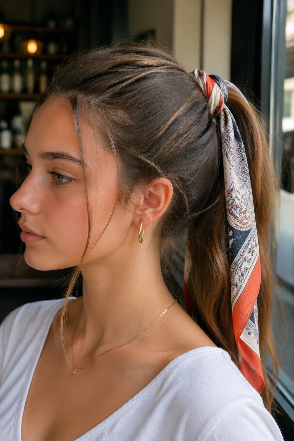 Teen with scarf-tied ponytail in a soft-lit setting