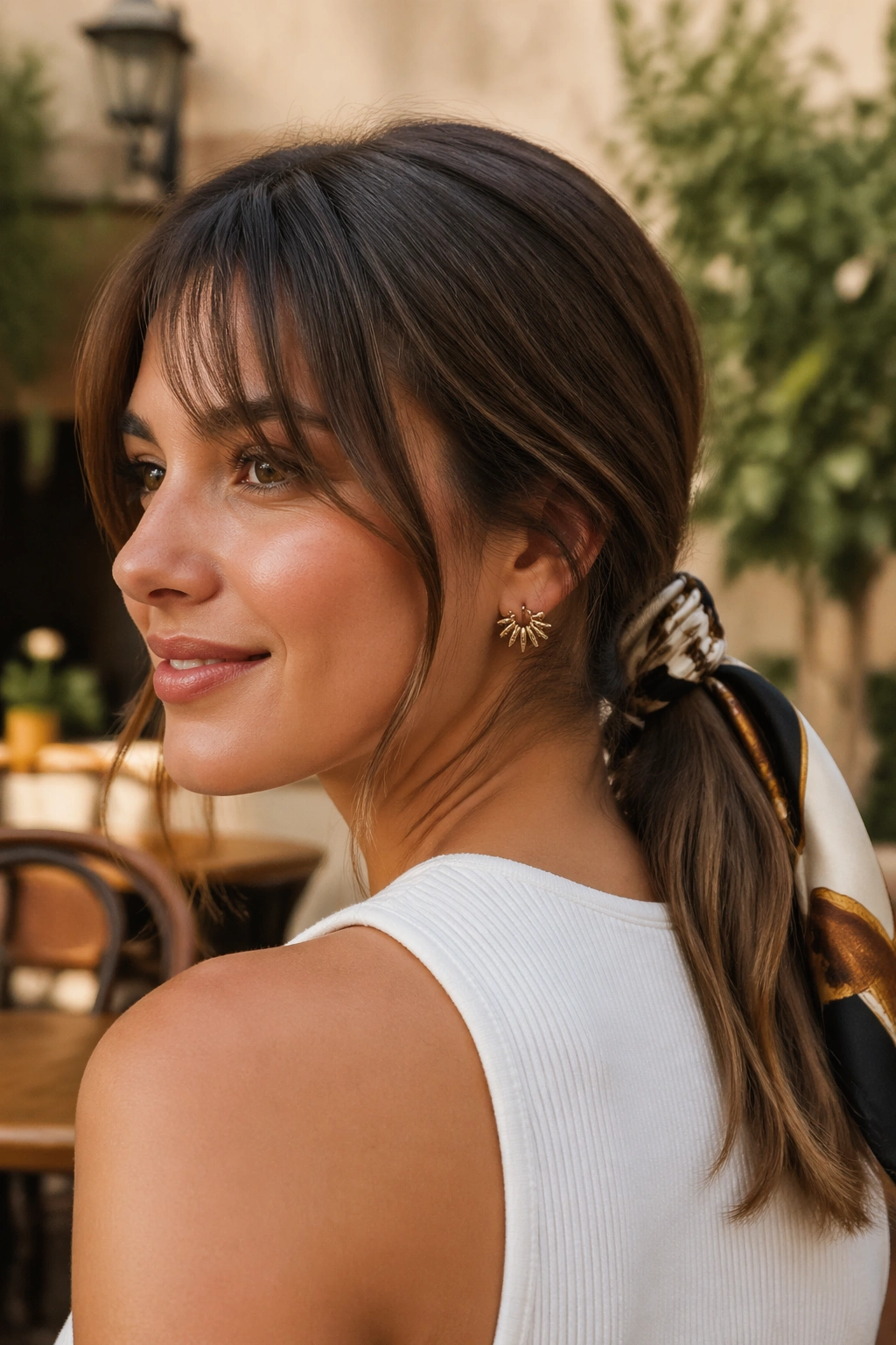 Close-up of a woman with scarf-tied ponytail and wispy bangs outdoors