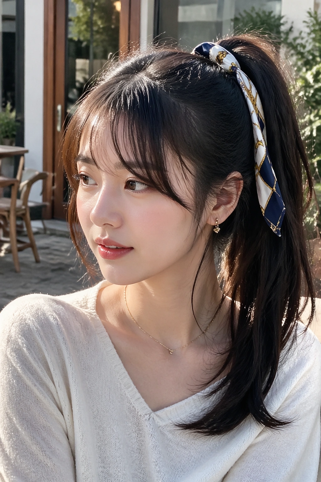 Portrait of a woman with scarf-tied ponytail and wispy bangs