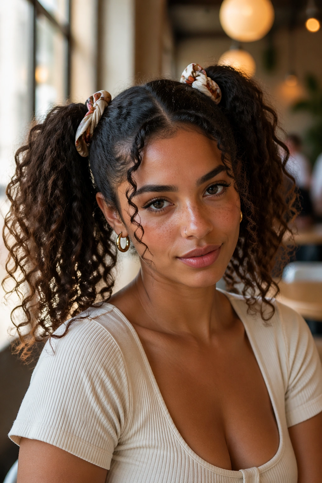 Close-up portrait of a real woman with scarf-wrapped double ponytails