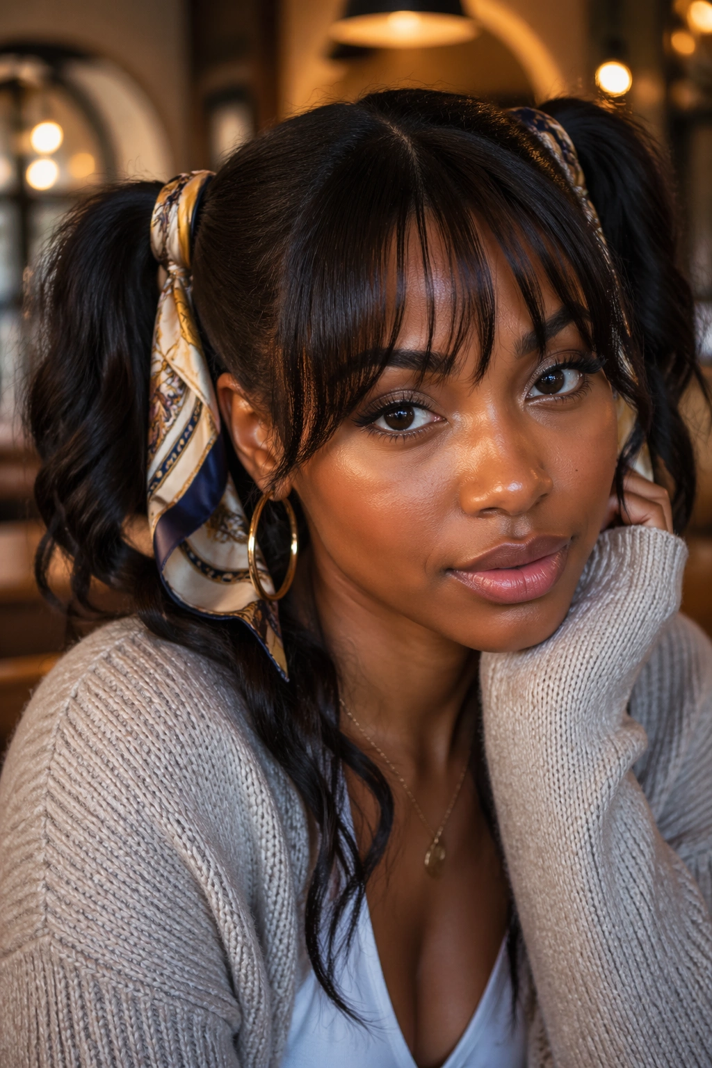 Close-up of a Black woman with scarf-tied twin ponytails and wispy bangs in a cafe setting