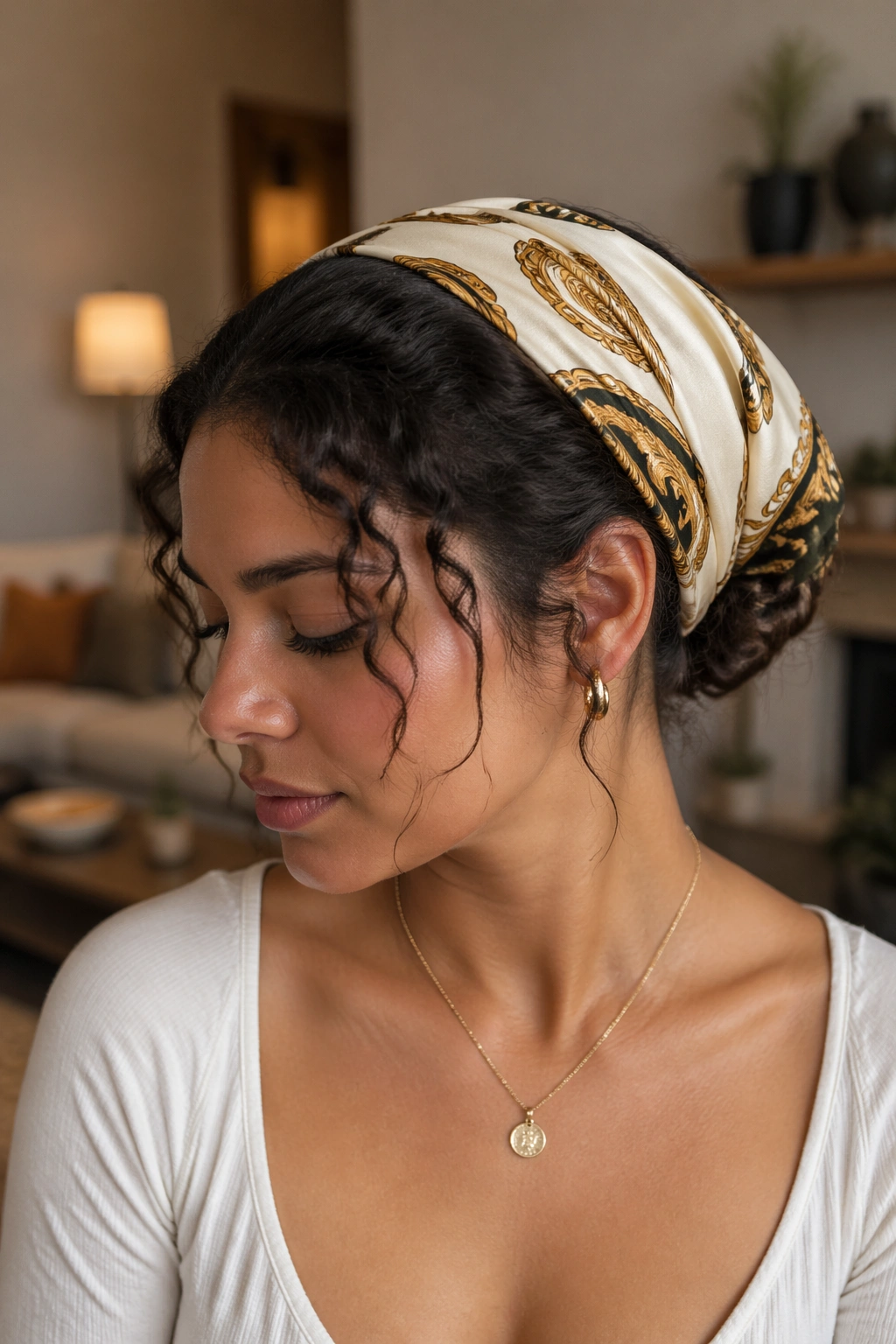 Close-up of a woman with a scarf-wrapped tuck under hairstyle
