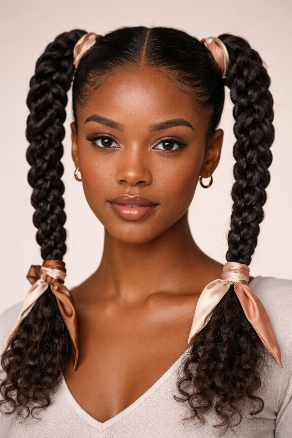 Close-up of protective twist double ponytails with scarf ties on natural hair