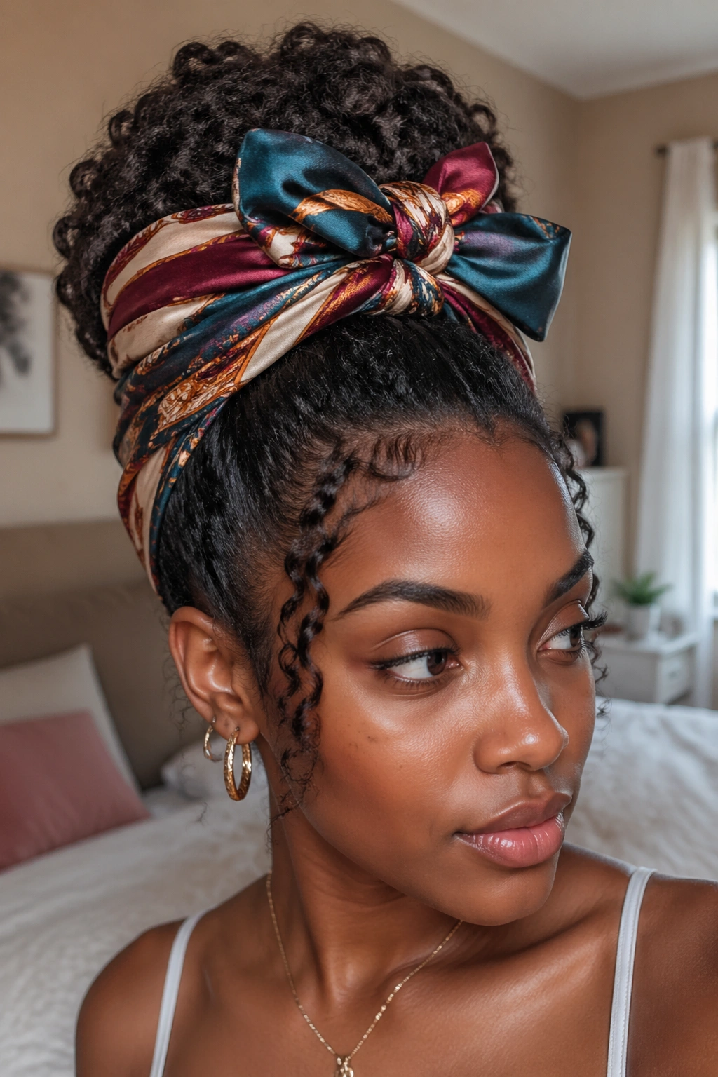 Real woman with a scarf-wrapped updo in warm window light