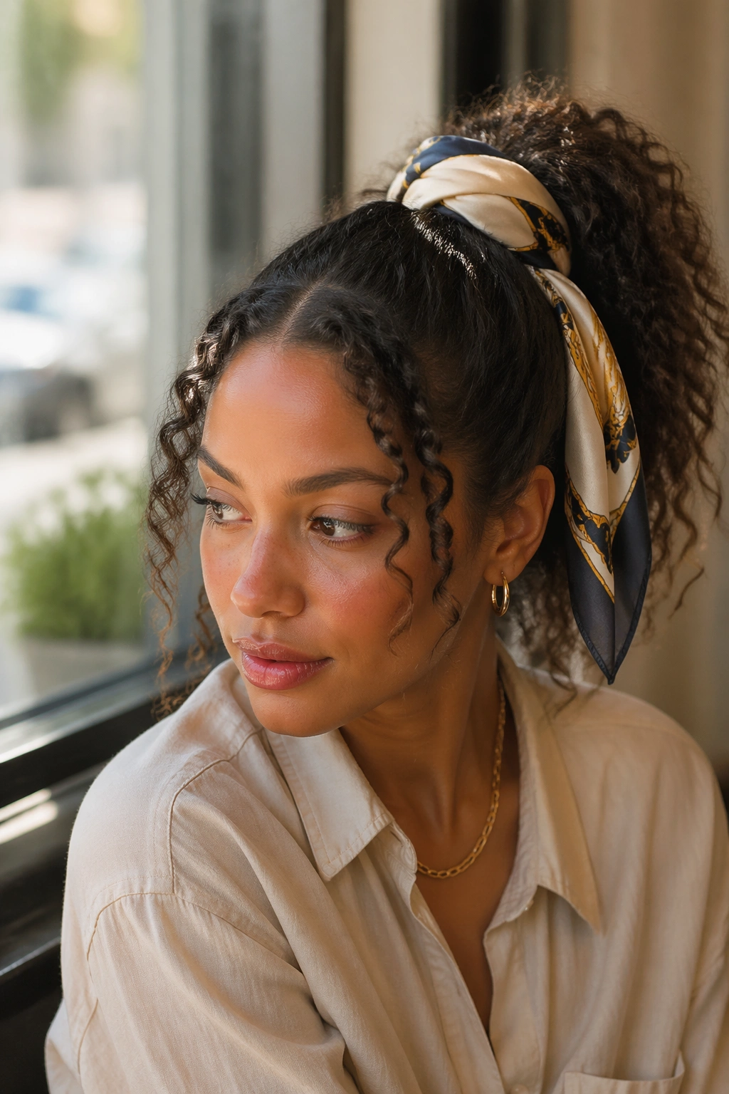 Portrait of a real woman with scarf-wrapped V-part ponytail at the base