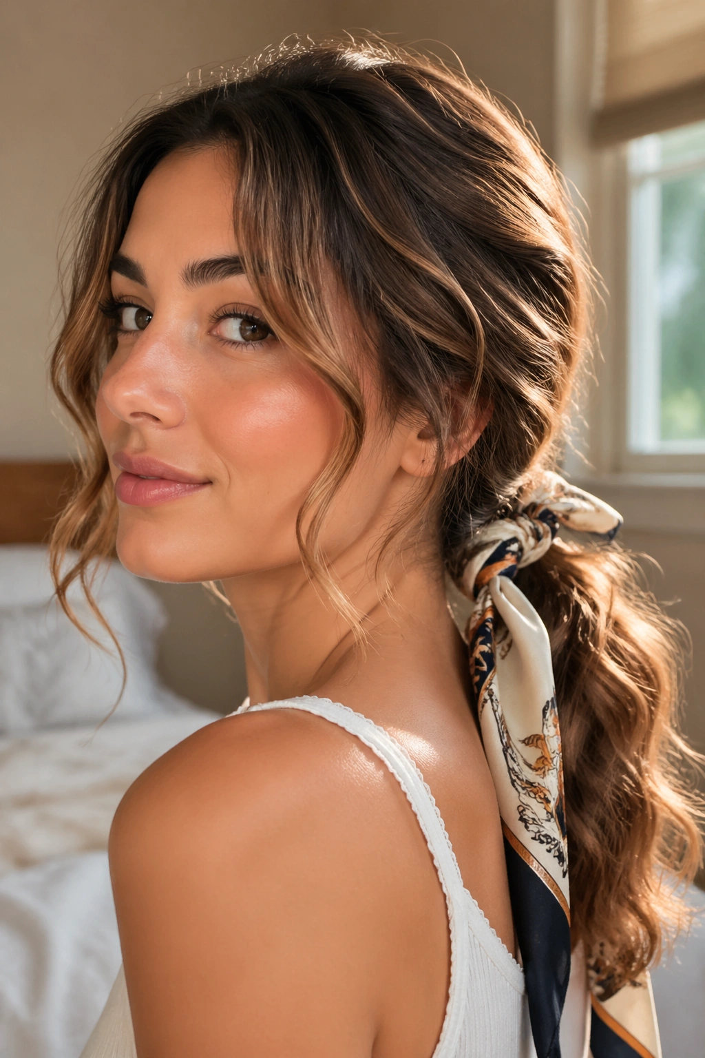 Close-up of a real woman with scarf-tied waves and a silk scarf around a low pony.