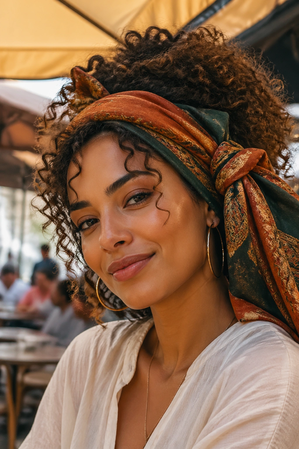 Portrait of a woman with a two-tone scarf wrap hairstyle and curls at crown.