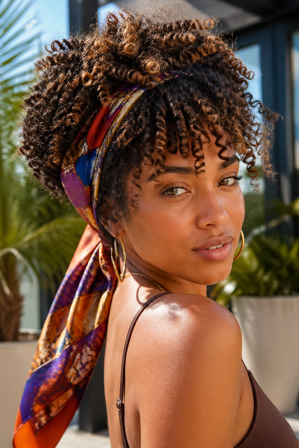 Close-up of a real woman with a silk scarf wrapped around juicy curls