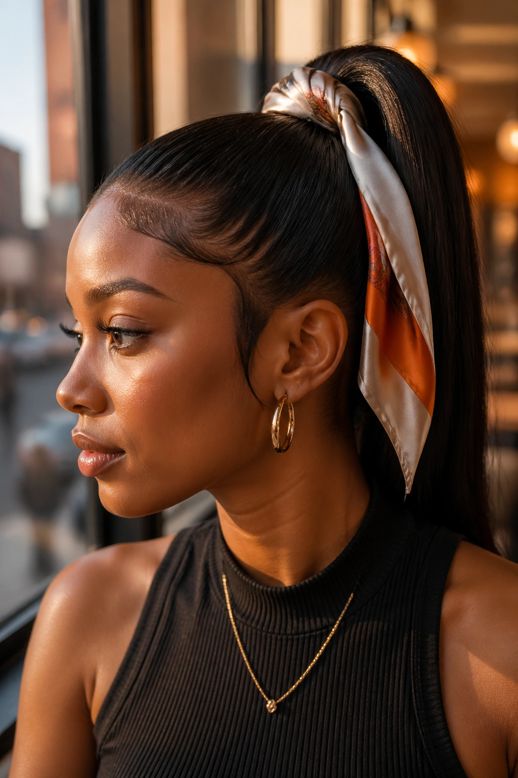 Close-up of a real woman with a sleek high ponytail wrapped by a satin scarf