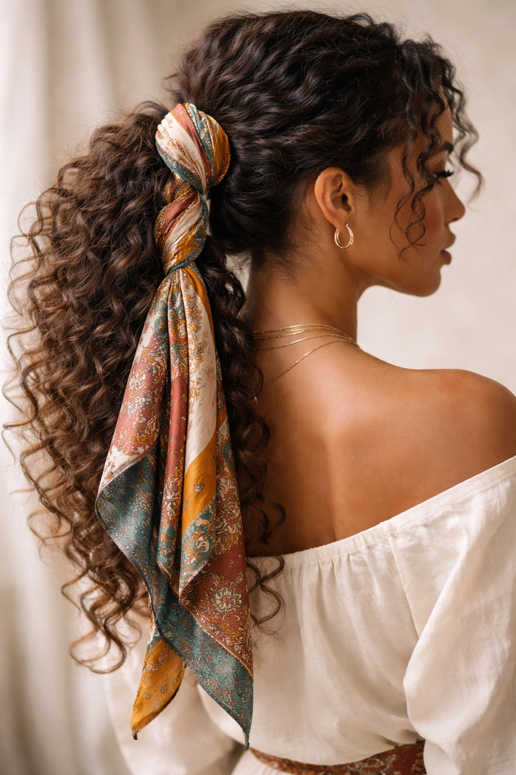 Scarf-wrapped braid ponytail with scarf accent