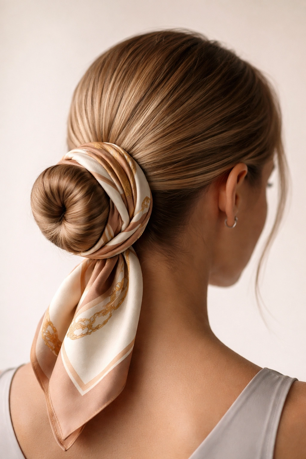 Close-up of a sleek bun wrapped with a silk scarf in a studio