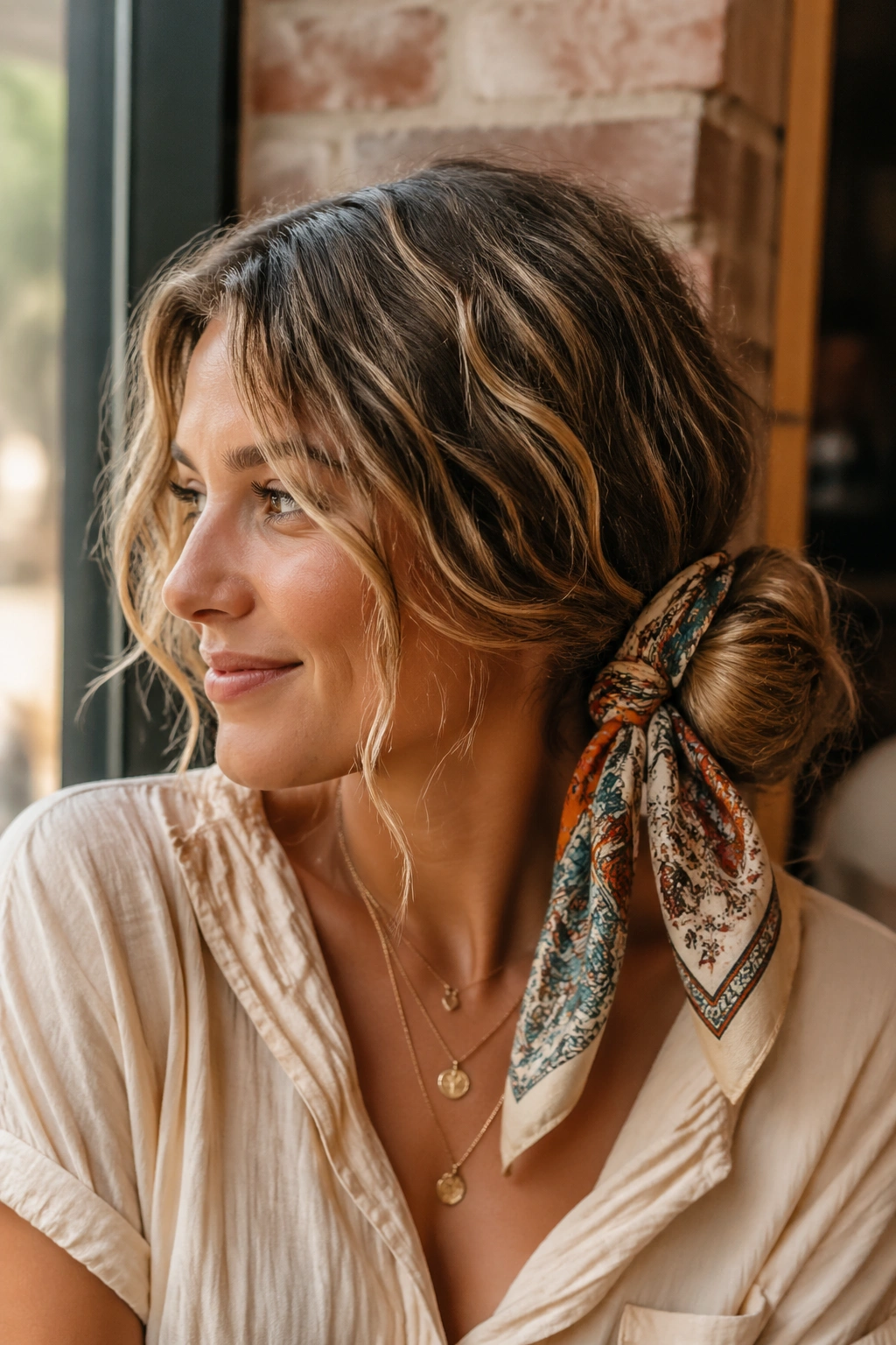 Close-up of real woman with a scarf-wrapped wavy bun and shoulder-length hair