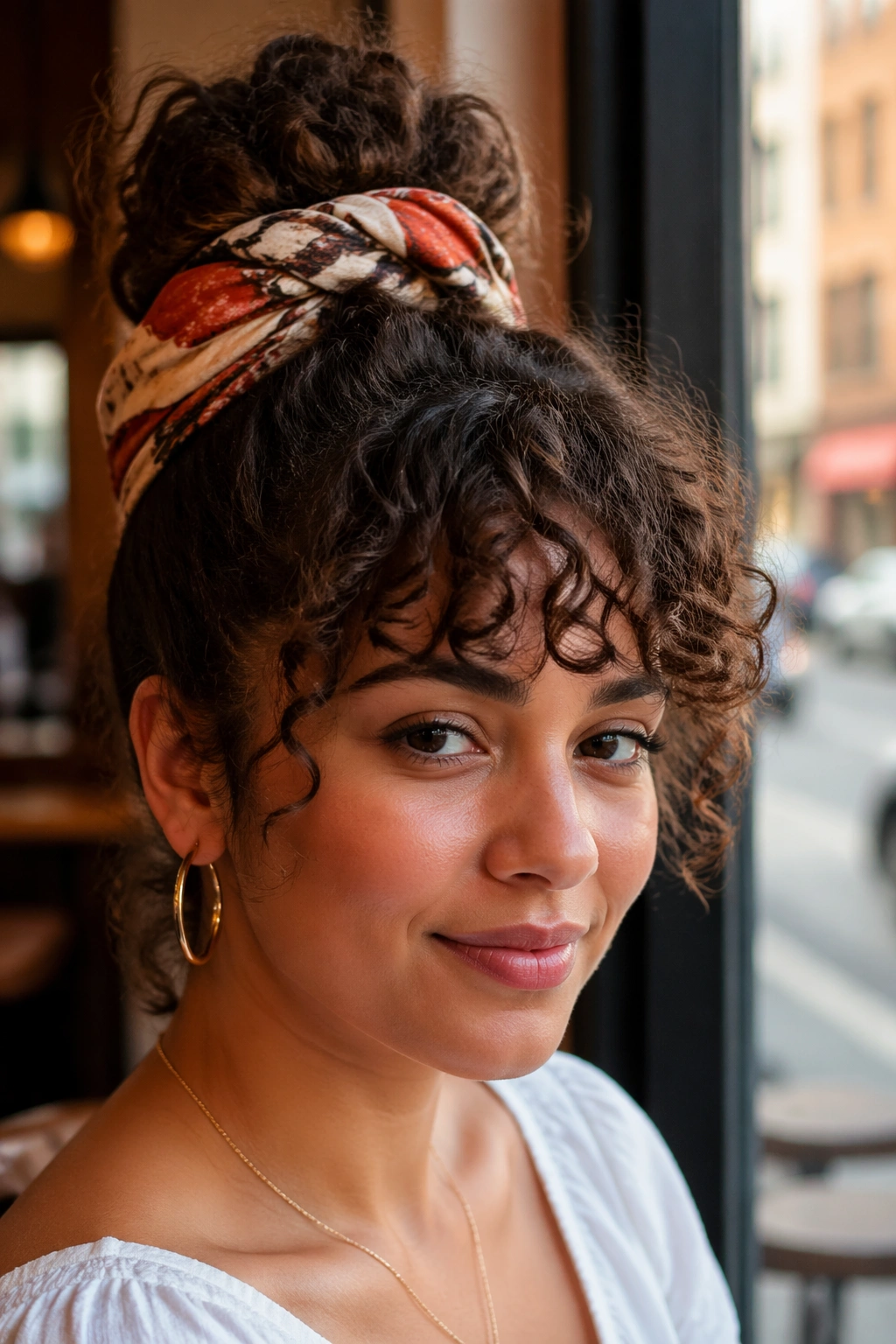 Real woman with scarf-wrapped curly bun and defined bangs in cafe setting.