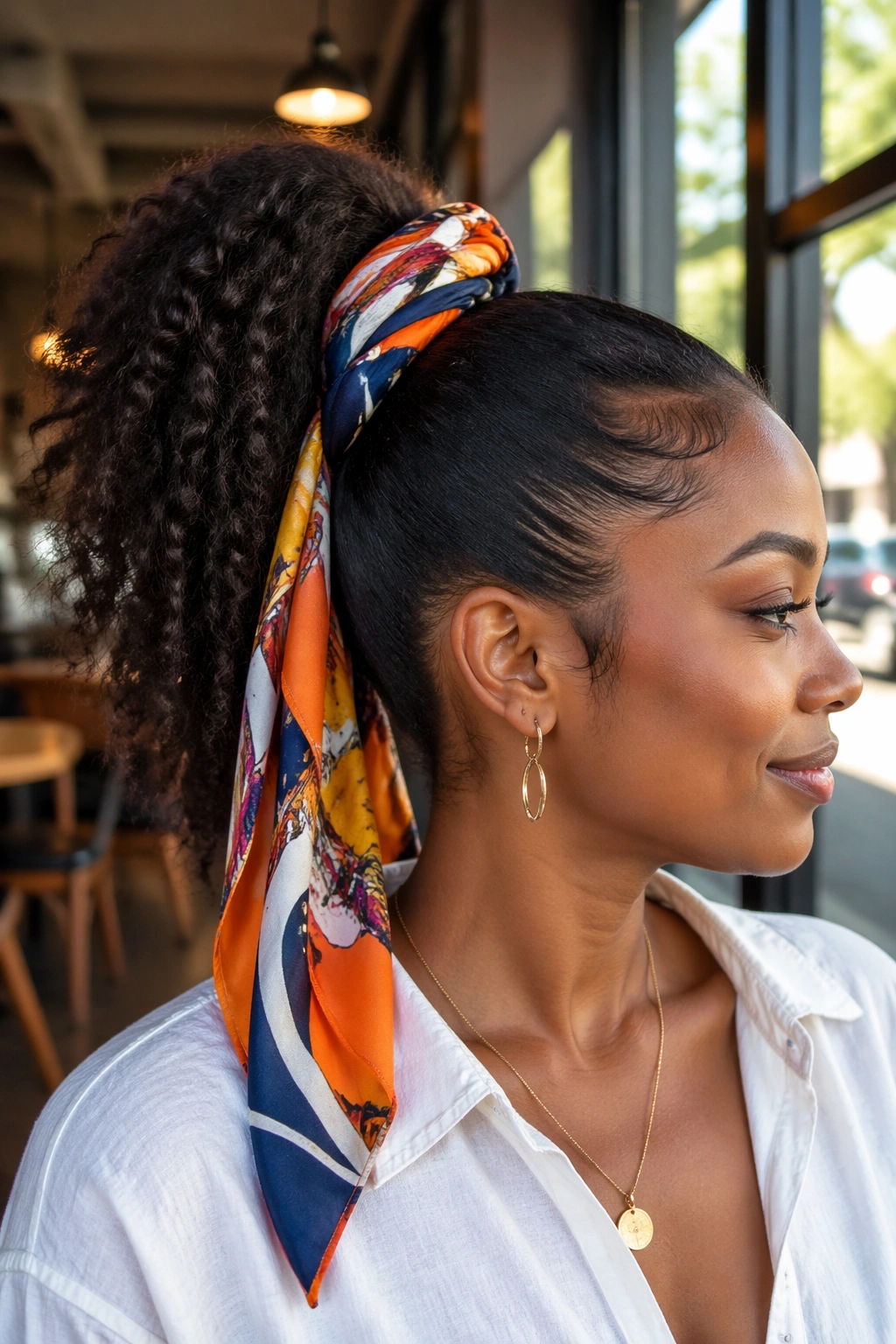 Close-up portrait of a real woman with scarf-wrapped drawstring ponytail