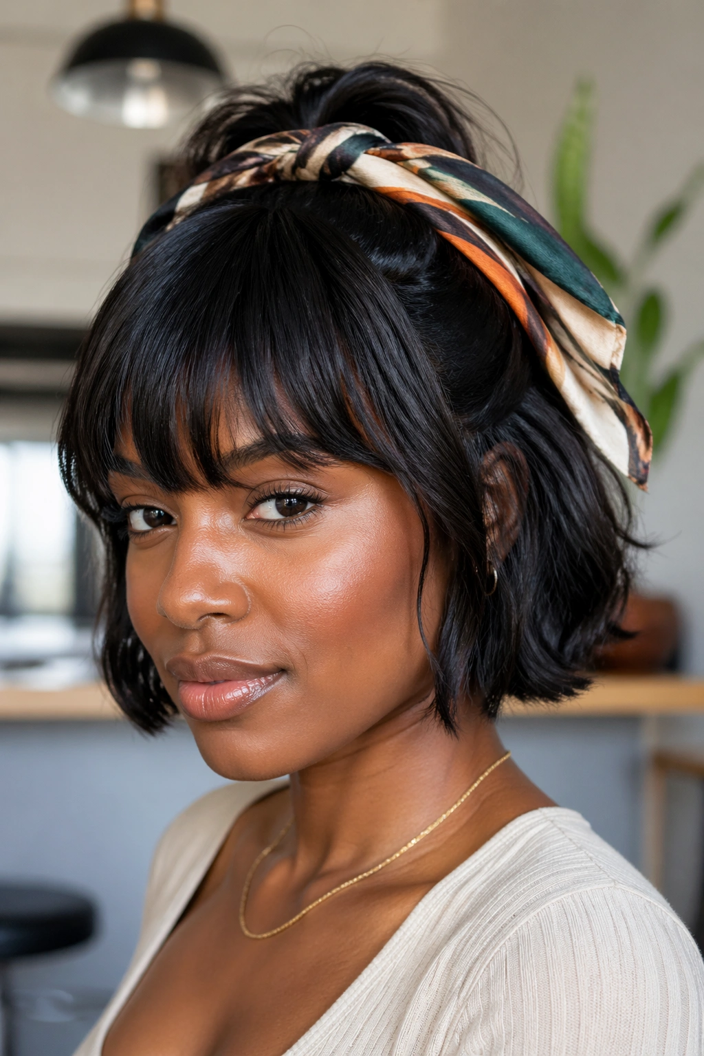 Close-up portrait of a real Black woman with scarf-wrapped half-up and bangs in a sunny room.