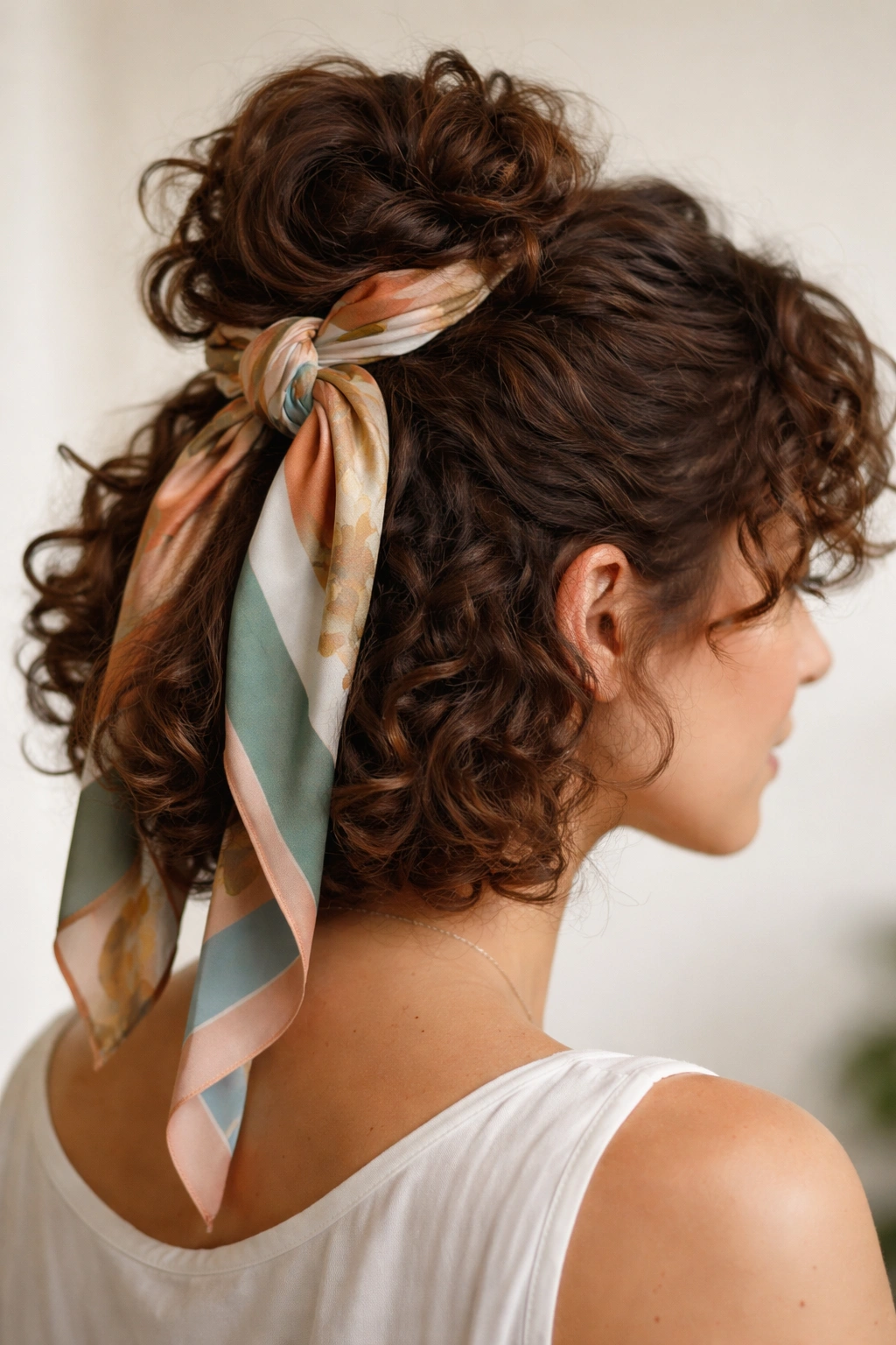 Scarf-wrapped half-up hairstyle with silk scarf and loose curls