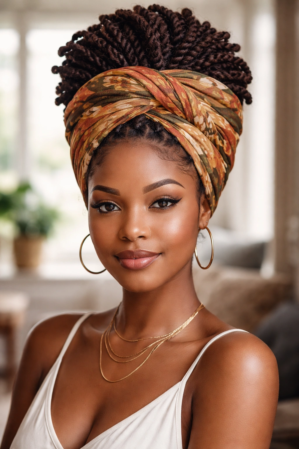Front portrait of kinky twists wrapped in a scarf into a crown silhouette