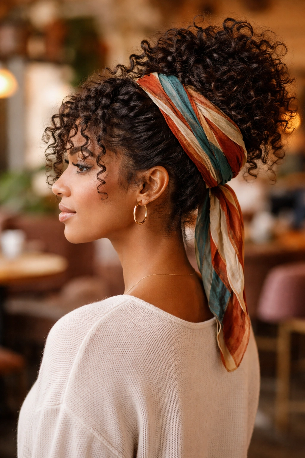 Side profile of a woman wearing a scarf-wrapped messy bun in a cafe setting