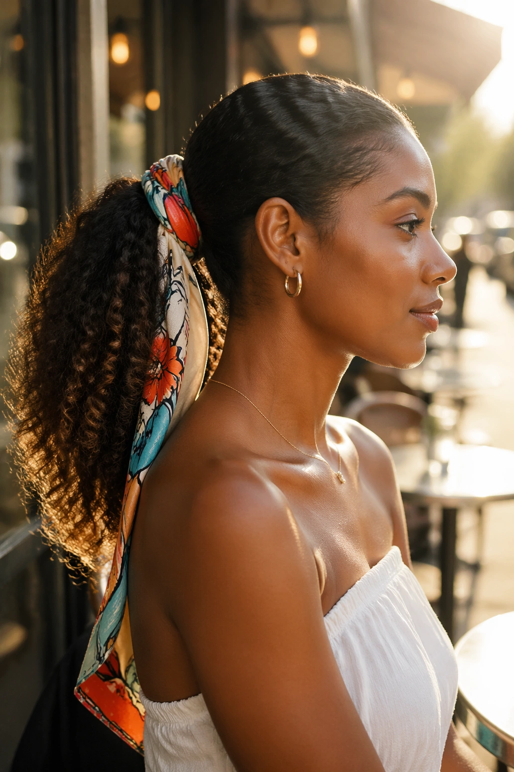 Side-profile scarf-wrapped mid ponytail at cafe.