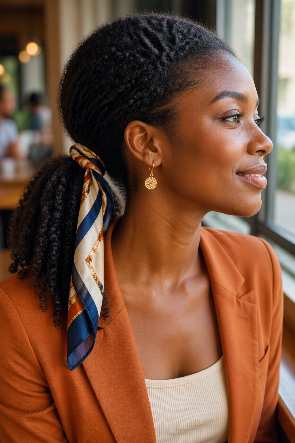 Close-up of a real woman with a scarf-wrapped ponytail