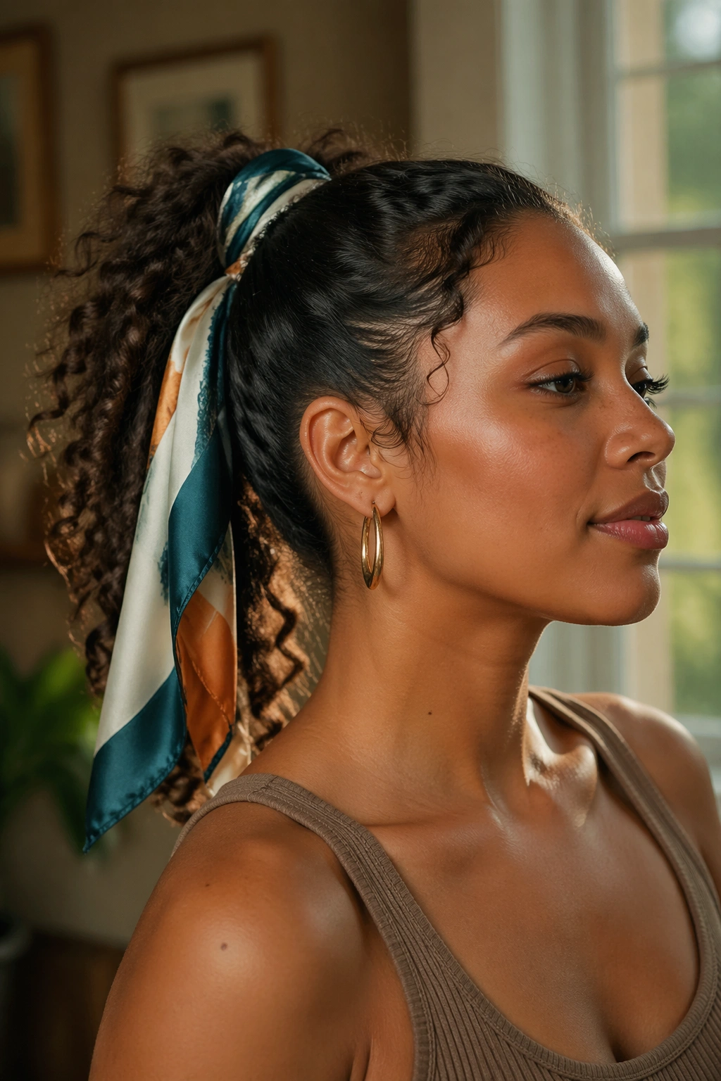 Close-up of scarf-wrapped ponytail on a real woman with 3C curls, warm natural light