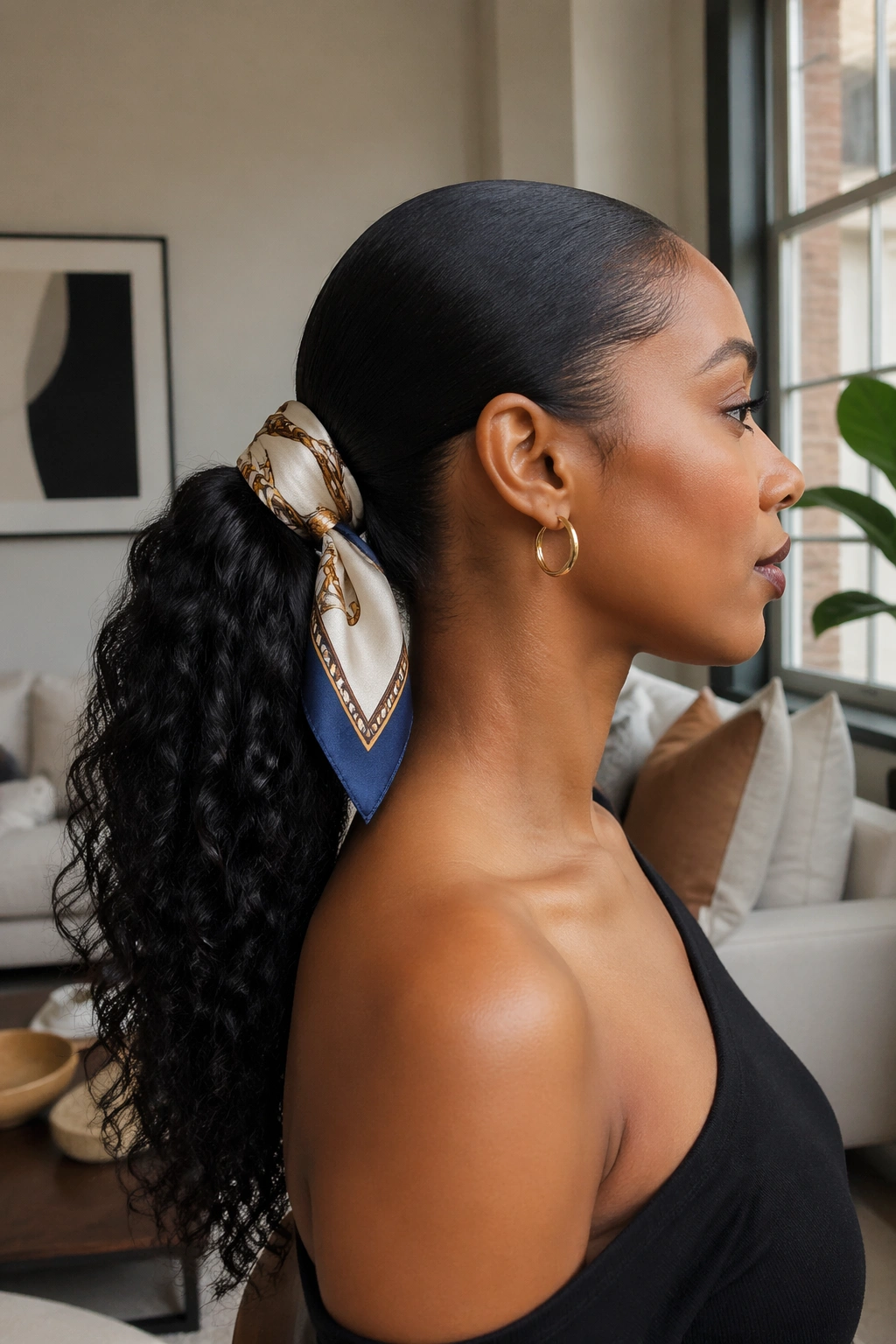 Scarf-wrapped base mid ponytail side profile