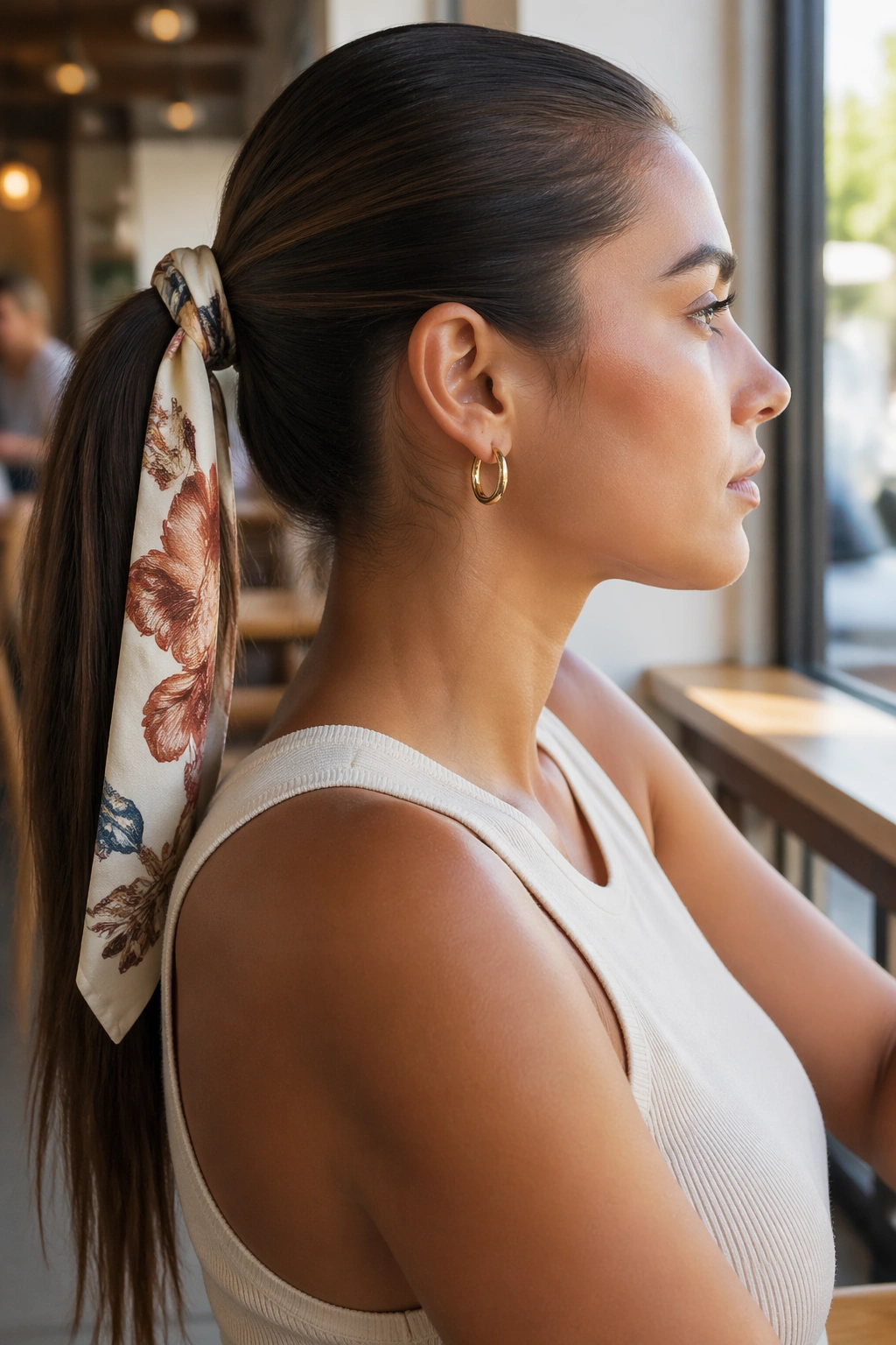 Portrait of a real woman with scarf-wrapped ponytail in a sunlit cafe