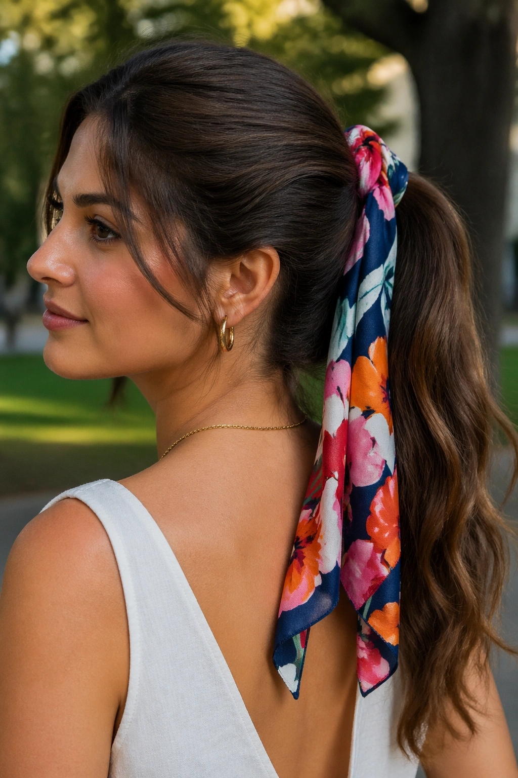Close-up of a woman with a scarf-wrapped ponytail in an outdoor park setting