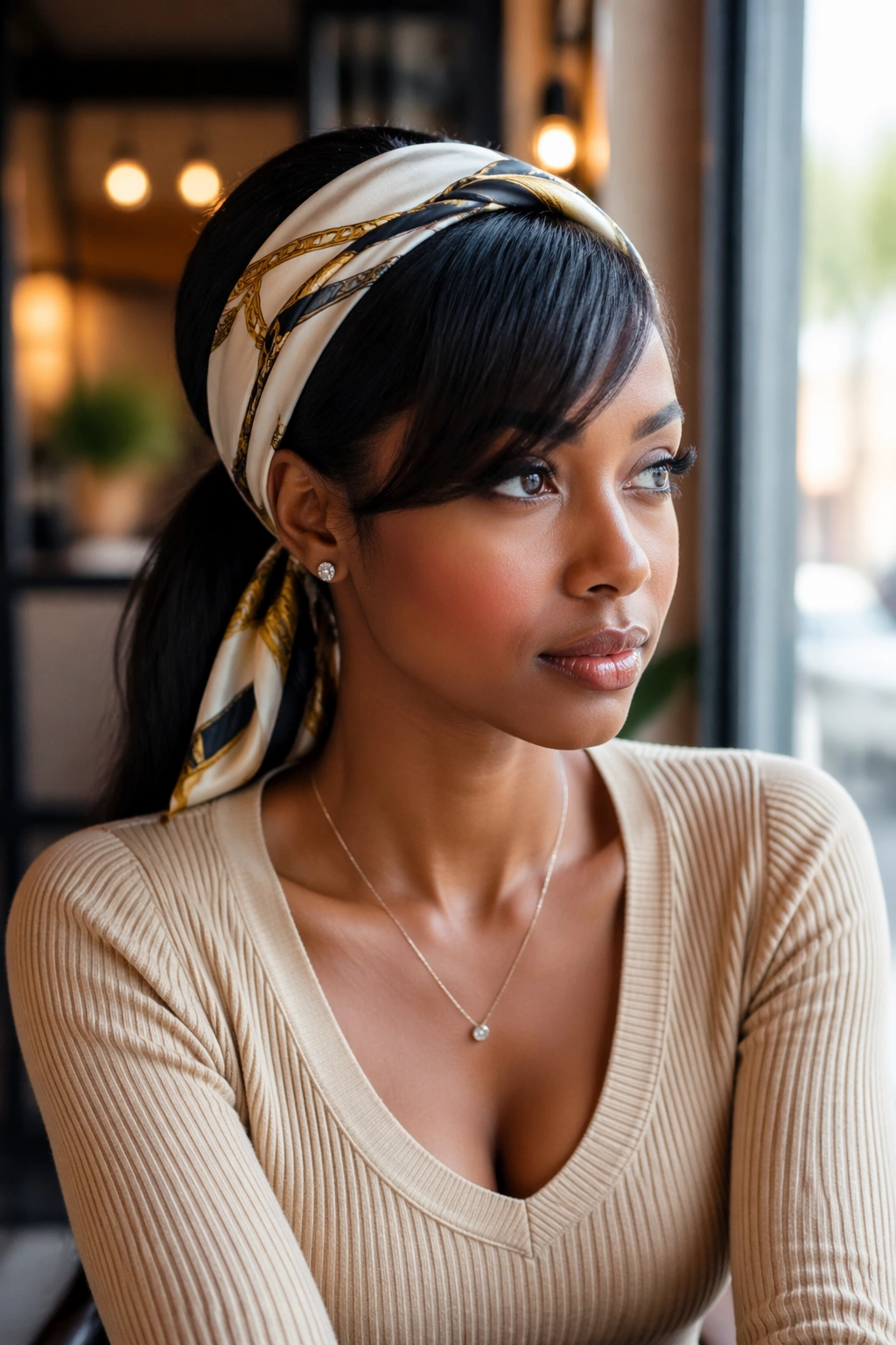 Real woman with scarf-wrapped ponytail and soft side bang