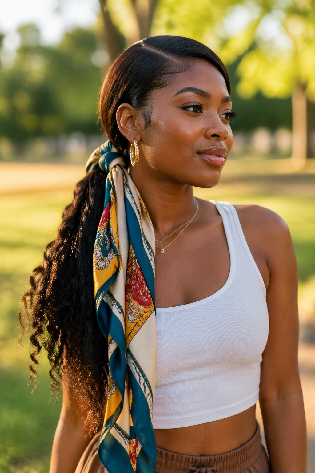 Hero shot of scarf-wrapped ponytail in a sunlit park.