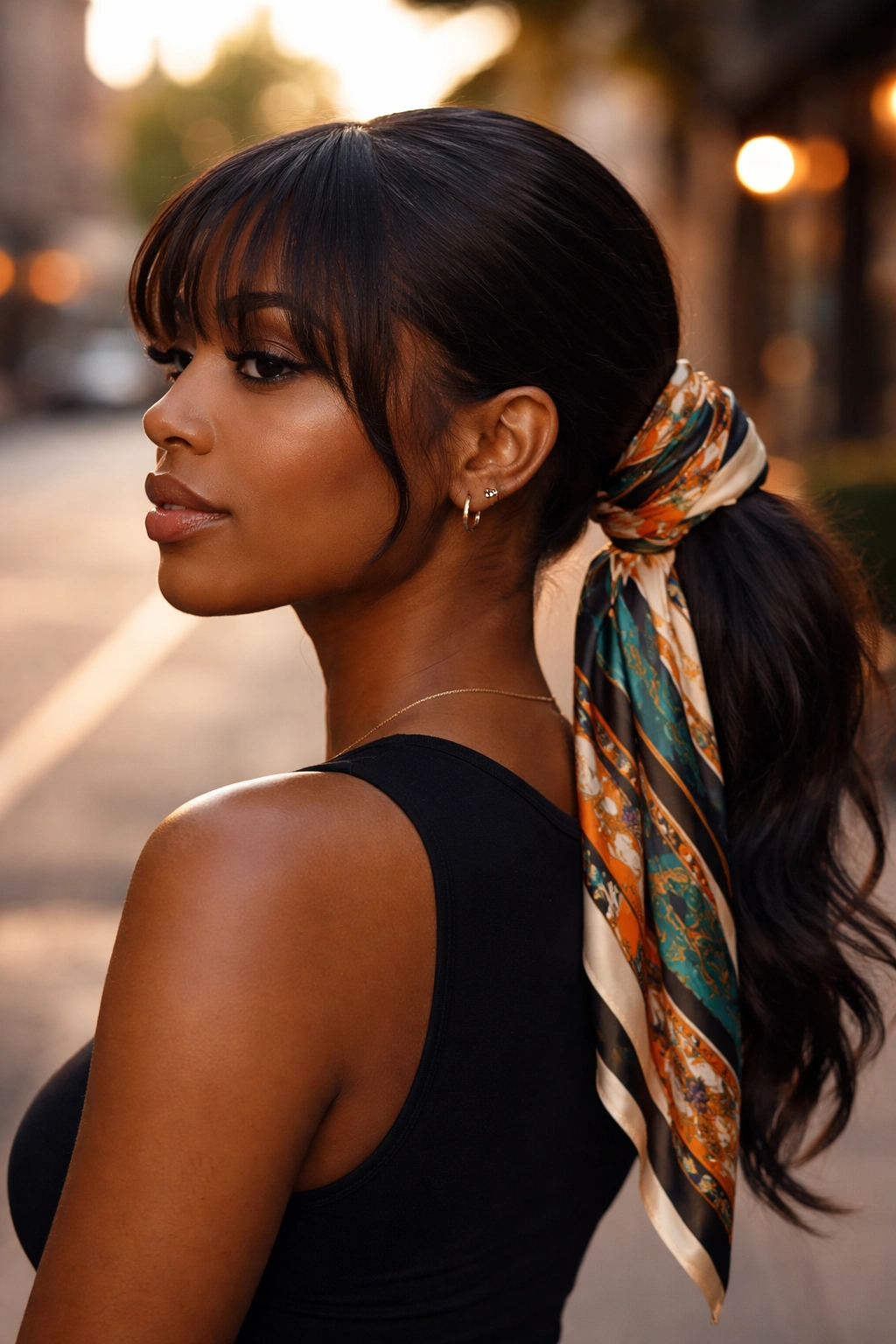 Close-up of a real woman with scarf-wrapped low ponytail and bangs in a warm street setting