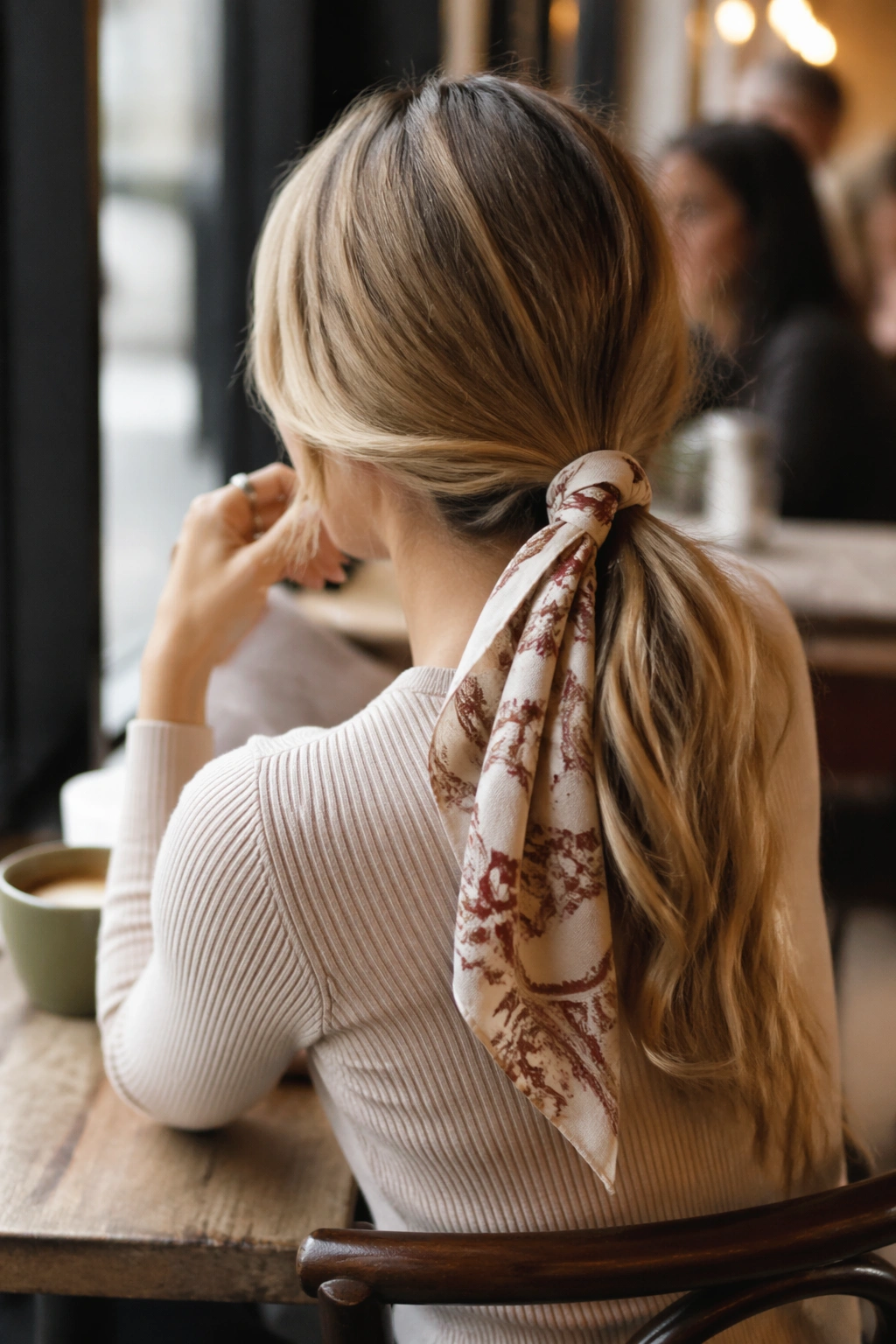 Over-the-shoulder view of scarf-wrapped ponytail at a cafe table.