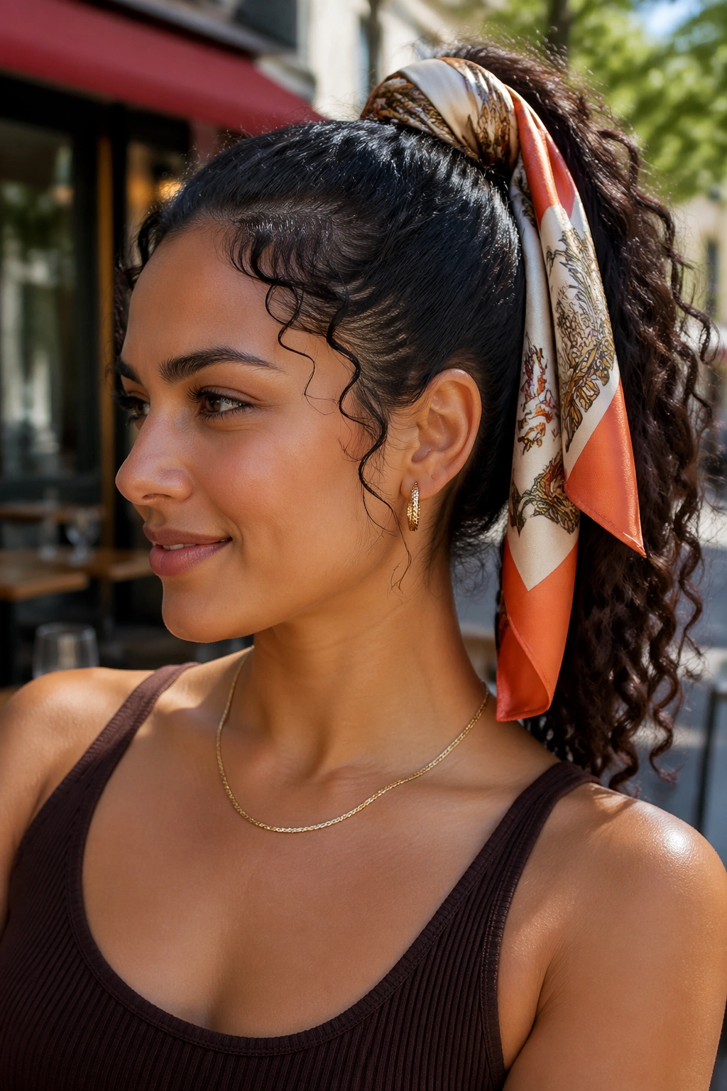 Portrait of a real woman with a scarf-wrapped ponytail tied at the base