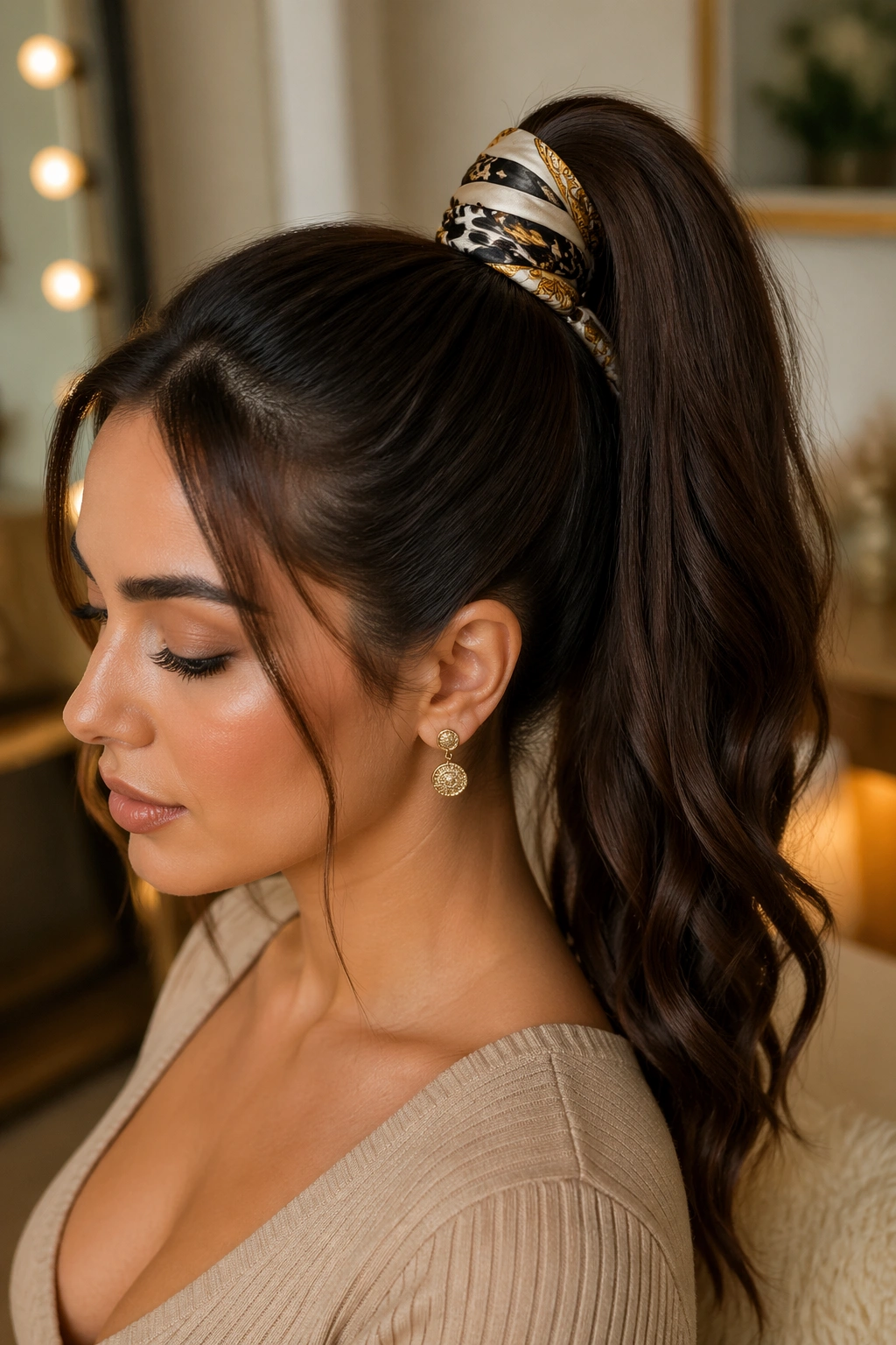 Real woman with scarf-wrapped high ponytail extension.