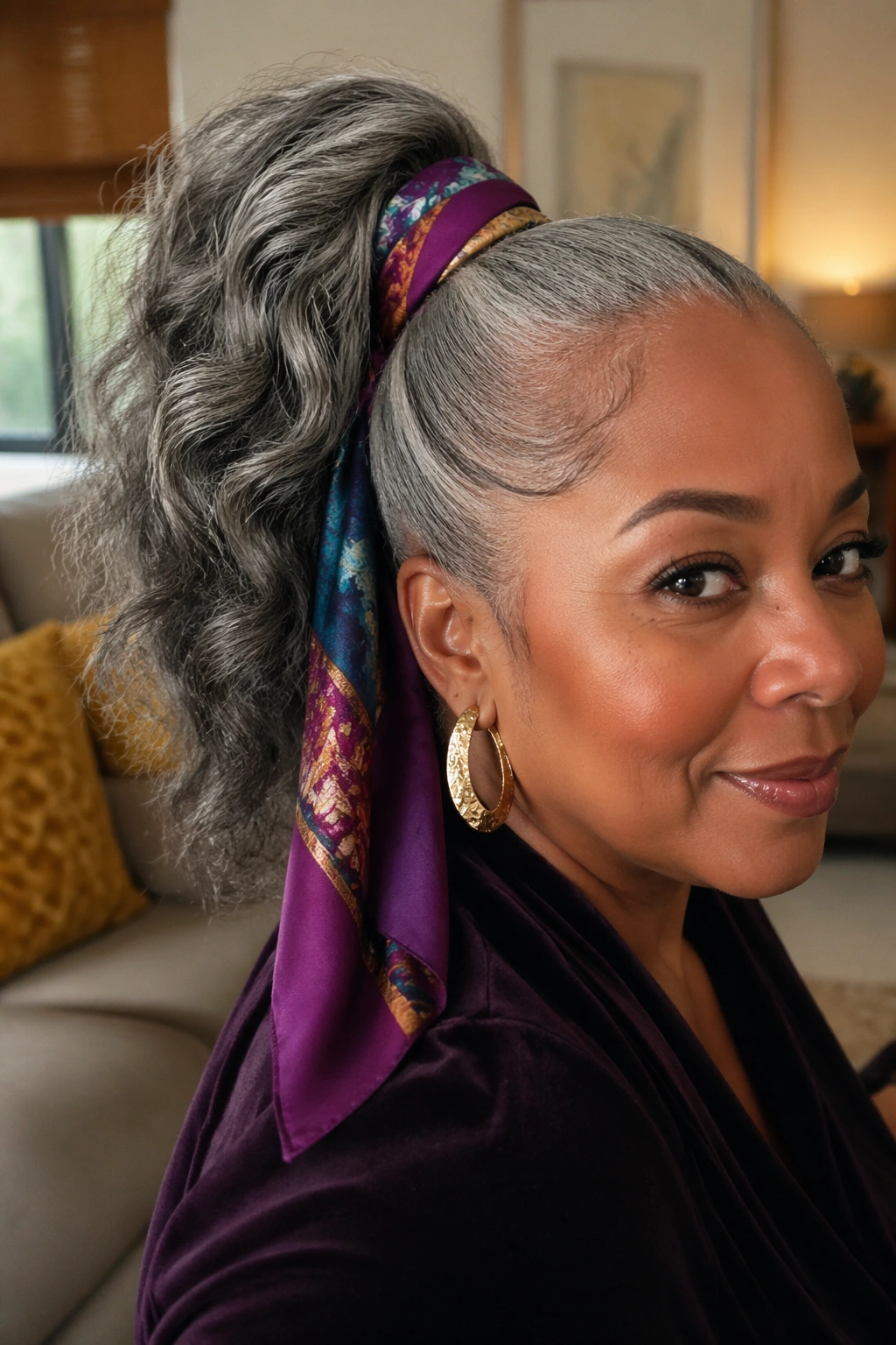 Close-up portrait of a real woman with a gray scarf-wrapped ponytail in a cozy home setting