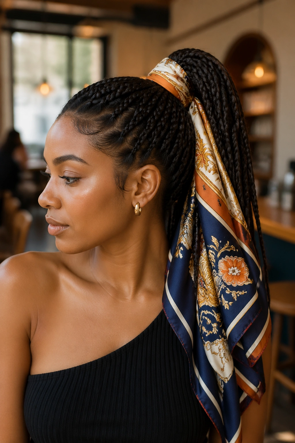 Real woman with scarf-wrapped ponytail at the base in a cozy cafe light.