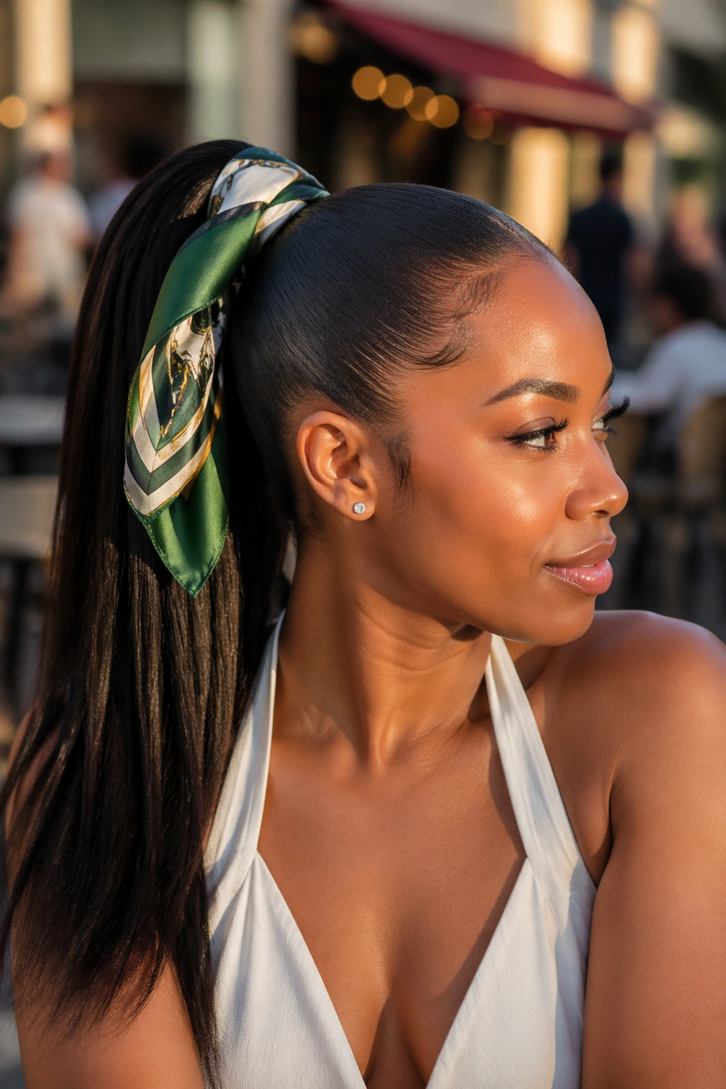 Real woman with scarf-wrapped ponytail outdoors at golden hour