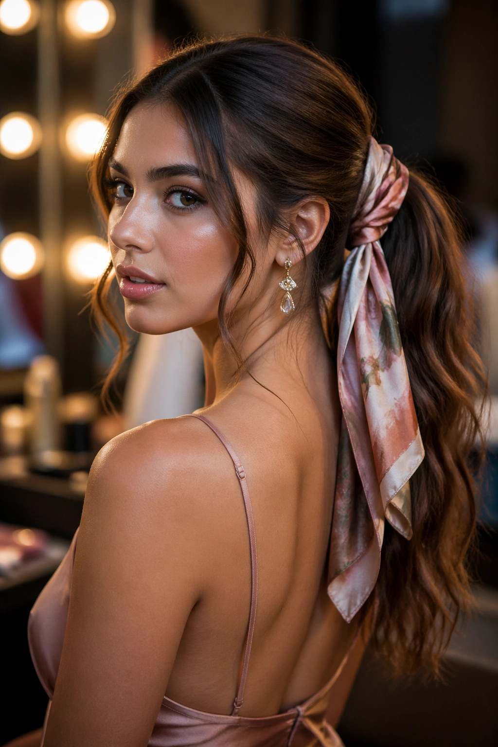 Close-up of a real woman with scarf-wrapped mid ponytail
