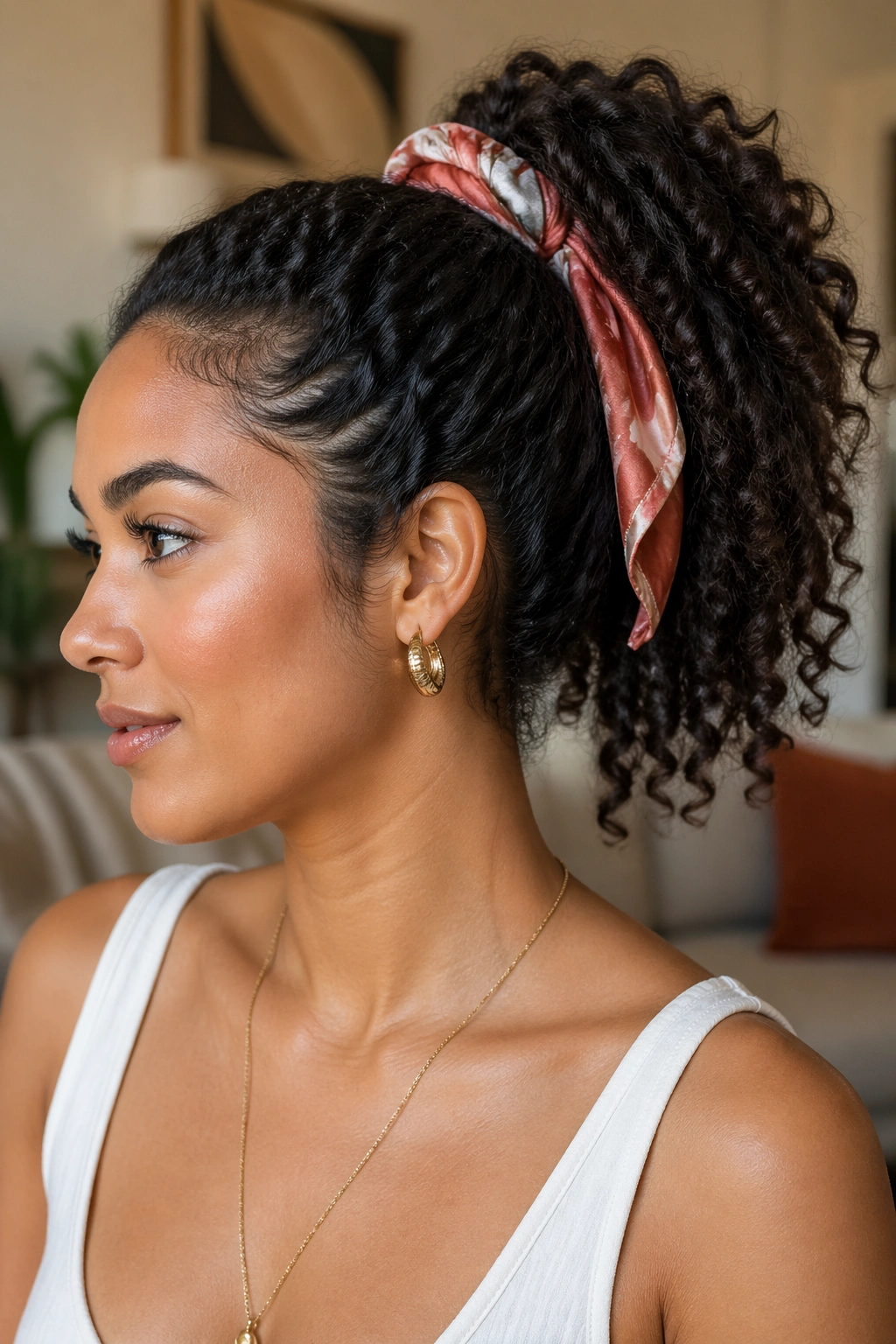 Close-up of a real woman with scarf-wrapped ponytail on thick curly hair