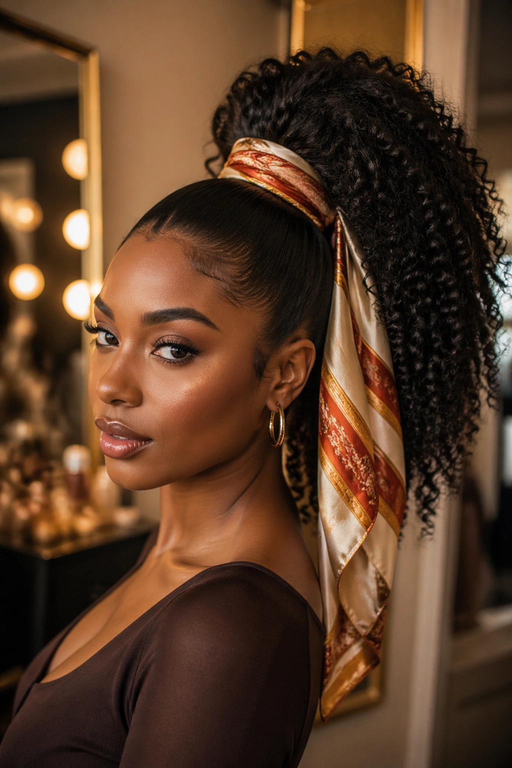 Close-up of a real woman's high ponytail with a silk scarf wrapped at the base.
