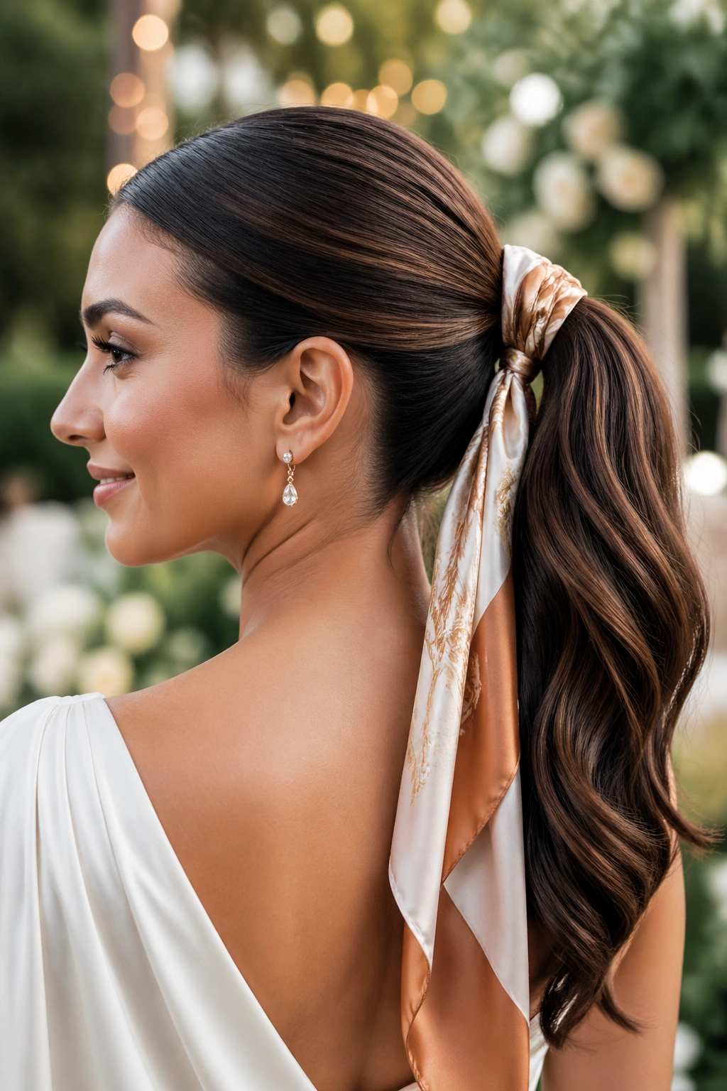 Portrait of a woman with scarf-wrapped ponytail accessory