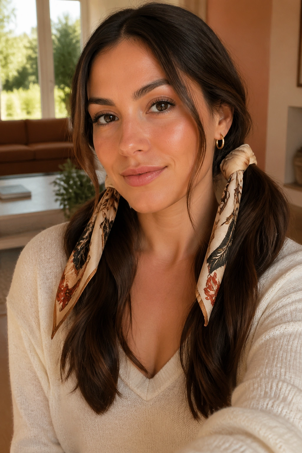 Real woman with scarf-wrapped double ponytails.