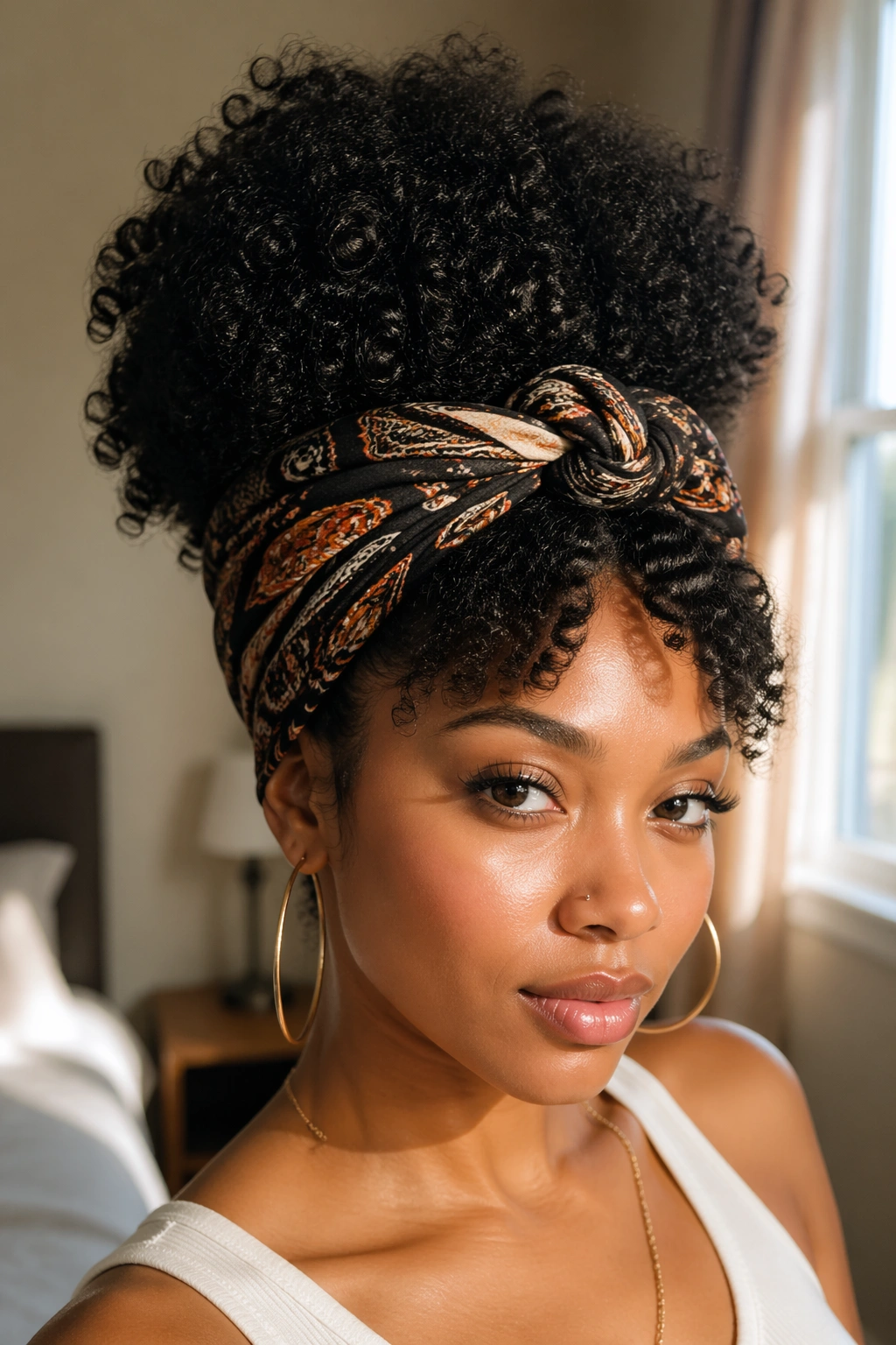 Close-up of a real woman's scarf-wrapped puff hairstyle at the hairline in warm bedroom light
