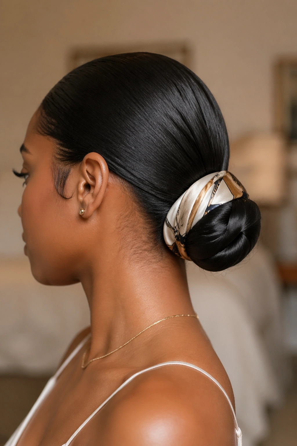Close-up of a real woman with a scarf-wrapped satin low bun
