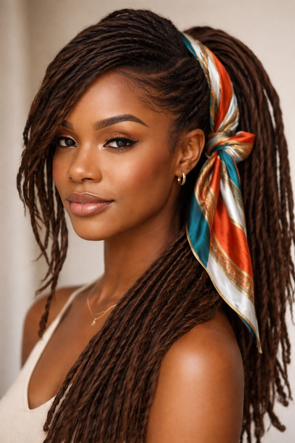 Scarf-wrapped swoop ponytail with a silk scarf at the base